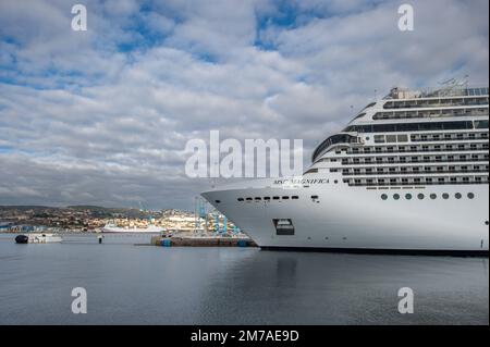 Marseille, France. 6th Jan, 2023. The MSC Magnifica is docked at the cruise terminal of the Port of Marseille. The MSC Magnifica is a cruise ship of the company MSC Cruises, built at the Chantiers de l'Atlantique in Saint-Nazaire.It has 1,259 cabins for the transport of 2,518 passengers and cruises on the Mediterranean sea. (Credit Image: © Laurent Coust/SOPA Images via ZUMA Press Wire) Stock Photo