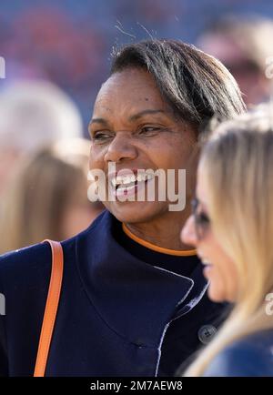 Condoleezza Rice, part of the Denver Broncos ownership group is followed by  new head coach Sean Payton during a news conference at the team's  headquarters Monday, Feb. 6, 2023, in Centennial, Colo. (