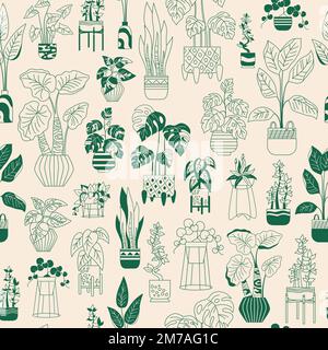 House potted plant, trendy seamless pattern. Exotic houseplants flowerpot endless wrapper. Botanical repeat print flower house indoor blooming plants in potted ceramic. Urban jungle doodle wallpaper Stock Vector