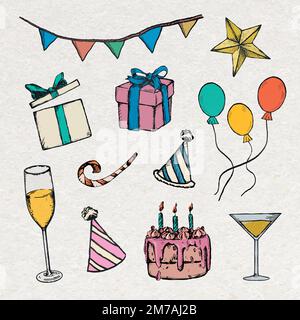 Birthday party decorations sticker vector colorful vintage illustrations set Stock Vector