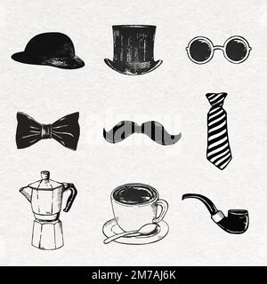 Cute vintage stickers vector in black and white sketches set Stock Vector