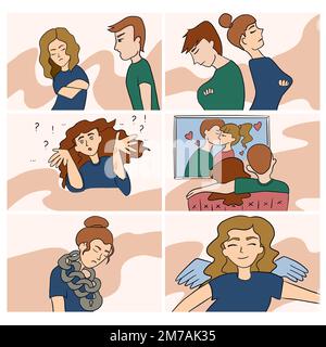 Set of vector illustrations of different psychological situations between people Stock Vector