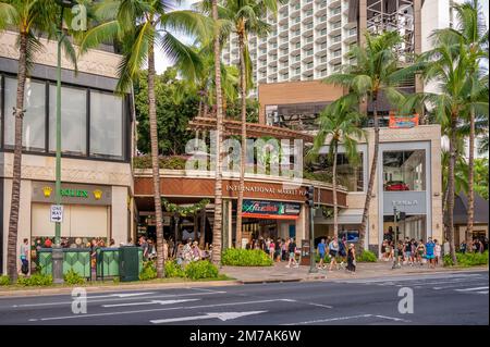Honolulu, Hawaii - December 29, 2022: Exterior of the International Market Place shopping plaza on Kalakaua Avenue. Stock Photo