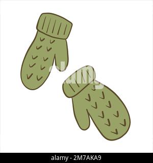 Vector illustration in doodle style. Knitted warm winter mittens with patterns Stock Vector