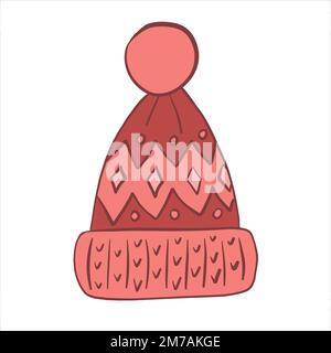 Vector illustration. Warm knitted winter hat with patterns, lapel and pompom Stock Vector