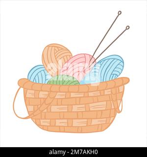 Vector illustration in color. Basket with threads for knitting and knitting needles Stock Vector