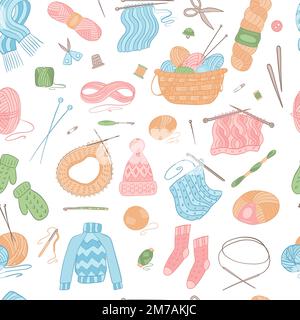 Seamless pattern vector. Knitting tools, yarn, wools, knitting needles Stock Vector