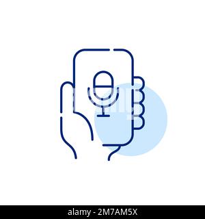 Hand holding smartphone with microphone symbol on it. Voice recorder app. Pixel perfect, editable stroke line icon Stock Vector