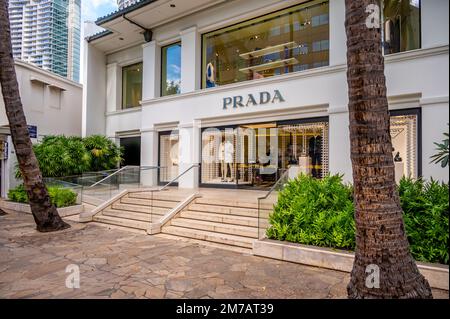 Honolulu, Hawaii - January 1, 2022: Exterior of the Prada store in Waikiki. Stock Photo