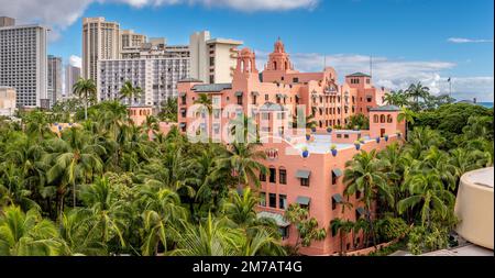 Honolulu, Hawaii - January 1, 2022: View of the Royal Hawaiian Hotel in Waikiki. Stock Photo