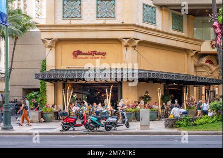 Honolulu, Hawaii - January 2, 2023: The Cheesecake Factory on Kalakua Ave in Waikiki Stock Photo