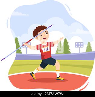 Javelin Throwing Kids Athlete Illustration using a Long Lance Shaped Tool to Throw in Sports Activity Flat Cartoon Hand Drawn Template Stock Vector