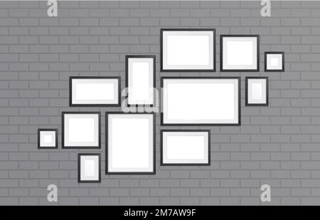 Black frames collage on gray brick wall. Realistic vector illustration of gallery or room interior design with rectangular and square picture or photo templates of different size. Home decor Stock Vector
