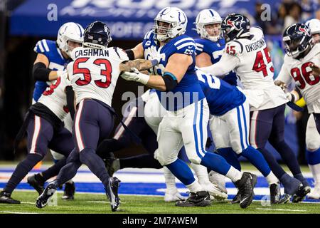 Indianapolis, Indiana, USA. 08th Jan, 2023. Indianapolis Colts offensive lineman Quenton Nelson (56) blocks Houston Texans linebacker Blake Cashman (53) during NFL game in Indianapolis, Indiana. John Mersits/CSM/Alamy Live News Stock Photo