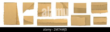 Set of torn brown cardboard pieces isolated on white background. Realictic vector illustration of ripped craft paper or carton with uneven edges and damaged texture. Scrap material for recycling Stock Vector