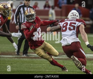 San Francisco 49ers safety George Odum celebrates after the 49ers defeated  the Los Angeles Rams 30-23 in an NFL football game Sunday, Sept. 17, 2023,  in Inglewood, Calif. (AP Photo/Ashley Landis Stock