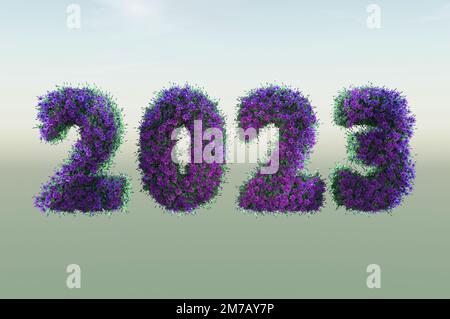 3D Illustration, 3d rendering . number 2023 made of flowers Stock Photo