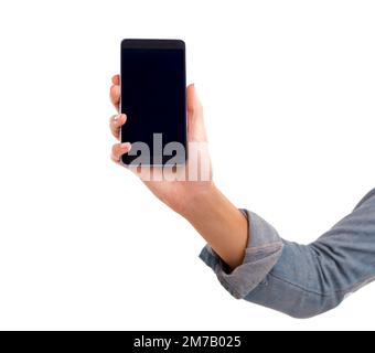 This smartphone is simple and effective. a womans hand holding a smartphone. Stock Photo