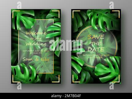Tropical bright green monstera leaves vector. Beautiful botanical design with tropic exotic jungle plant and golden frame. Wedding ceremony or beach party invitation card, resort or travel agency ads Stock Vector
