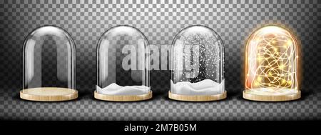 Glass dome with snow and light garland realistic vector. Glass round dome with light wood plate, empty and with white falling snowflakes isolated on transparent background. Holiday interior decoration Stock Vector