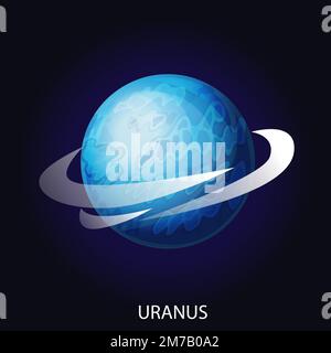 Planet Uranus 3D cartoon vector illustration. Spherical blue planet with illuminated surface with relief and gas rings isolated on dark blue cosmic background Stock Vector