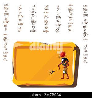 Stone board or clay tablet with falcon headed god and Egyptian hieroglyphs cartoon vector illustration. Ancient object for recording storing information, graphical user interface for game design Stock Vector