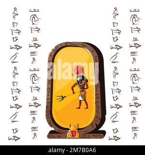 Stone board or clay tablet with falcon headed god and Egyptian hieroglyphs cartoon vector illustration. Ancient object for recording storing information, graphical user interface for game design Stock Vector