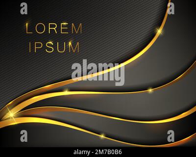 Abstract black gold metallic wavy banner realistic vector illustration. Black matte background and waves or curved lines of yellow golden metal with a radiant shine, design pattern Stock Vector