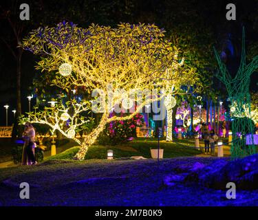 Putrajaya, Malaysia - July 18, 2022 Led lights on the trees in the garden. Neon fairy party with visitors. Stock Photo