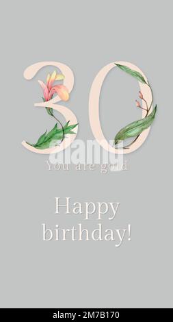 30th birthday greeting template vector with floral number illustration Stock Vector
