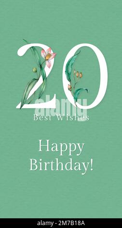 20th birthday greeting template vector with floral number illustration Stock Vector