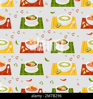 Seamless pattern with Mexican soups. Tomato Soup and green soup with avocado Traditional dishes in plates on tablecloth on gray background with chili Stock Vector