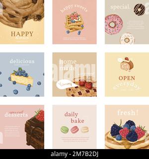 Hand drawn bakery Instagram ad template pack vector Stock Vector