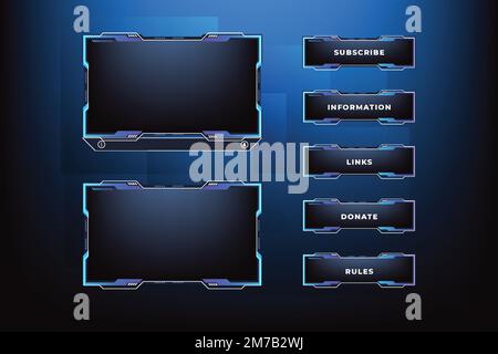 Creative streaming overlay design for online gamers with blue colors. Futuristic live screen border vector with buttons. Streaming overlay screen inte Stock Vector