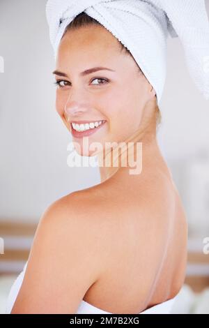 Good morning. Portrait of a woman during her morning beauty routine. Stock Photo