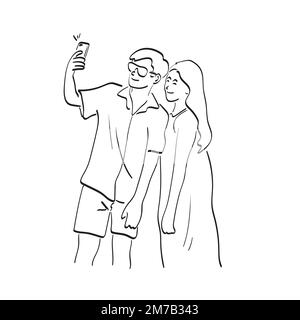 line art lover taking selfie illustration vector hand drawn isolated on white background Stock Vector