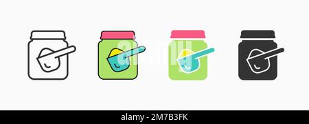 Baby food jar with spoon flat icons on white background. Vector illustration. Stock Vector