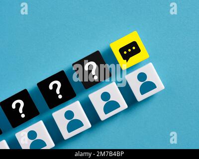 The best thought, comment, feedback or speech. Speak your mind and take the lead. Freedom of speech and communication concept. Person, question mark a Stock Photo
