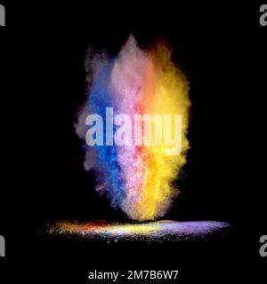 Colored powder explosion isolated on black background. Abstract colored backdrop. Colorful explode. Stock Photo
