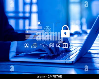 Cybersecurity system technology, login and password, global network security and secured internet access concepts. Lock icon and login page appearing Stock Photo