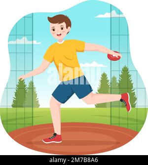 Discus Throw Playing Athletics Illustration with Throwing a Wooden Plate in Sports Championship Flat Cartoon Hand Drawn Templates Stock Vector