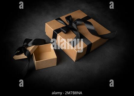 Gift boxes on a dark background. Stock Photo