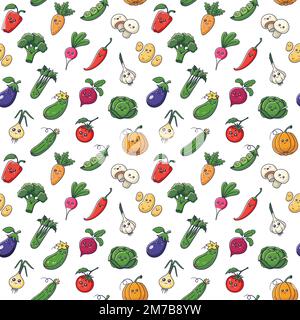 Vegetables seamless pattern with kawaii characters on white background. Perfect for vegan, vegetarian, wallpaper, food backdrop, fabric, wrapping paper, textile. Cartoon vector illustration. Stock Vector