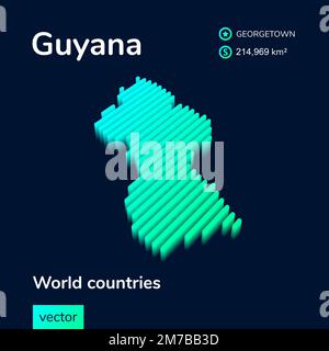 Striped isometric neon vector Guyana map in trend colors with 3d effect. Geography infographic card, poster, banner, template. Stock Vector