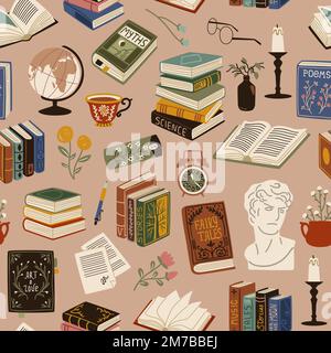 Books seamless pattern. Vintage cozy elements, printed publications, volumes of literature, retro library flying objects. Decor textile, wrapping Stock Vector