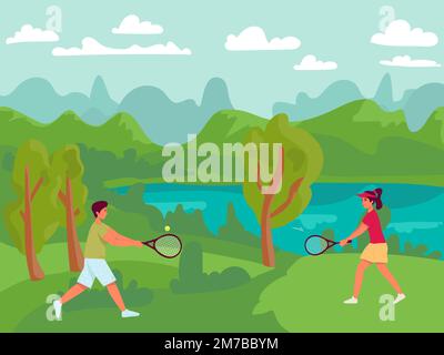 Family in park. City park activity, season walk pleisure. couple playing tennis Happy kids woman man jumping and playing. Parents walking with childre Stock Vector