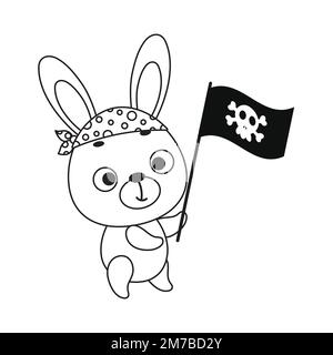 Coloring page cute little hare with pirate flag. Coloring book for kids. Educational activity for preschool years kids and toddlers with cute animal. Stock Vector