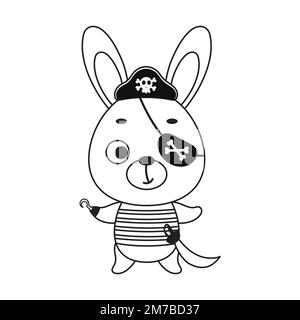 Coloring page cute little pirate hare with hook and blindfold. Coloring book for kids. Educational activity for preschool years kids and toddlers with Stock Vector