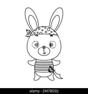 Coloring page cute little pirate hare. Coloring book for kids. Educational activity for preschool years kids and toddlers with cute animal. Vector sto Stock Vector
