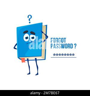 Forgot password cartoon book character. Vector thoughtful textbook personage with question mark and pensive face. Manual information for data recovery in internet, login and password access Stock Vector